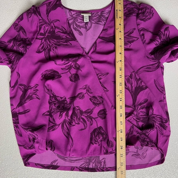 A New Day Purple Floral V Neck Puff Sleeve Wrap Top Size M - Picture 6 of 10